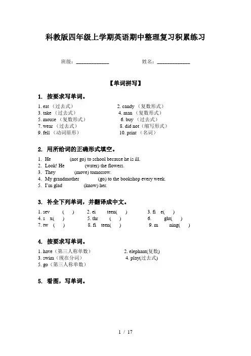 科教版四年级上学期英语期中整理复习积累练习