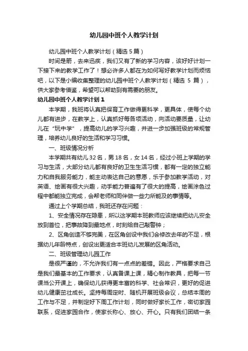 幼儿园中班个人教学计划（精选5篇）