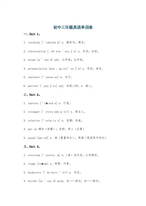 初中三年级英语单词表