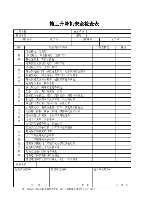 施工升降机安全检查表