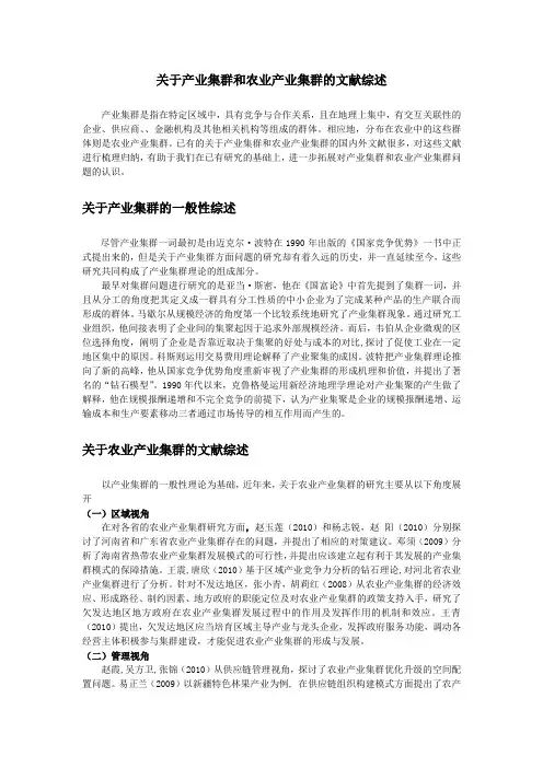 产业集群和农业产业集群文献综述(个人小文章)