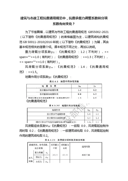 建筑与市政工程抗震通用规范中，抗震承载力调整系数和分项系数有何变化？