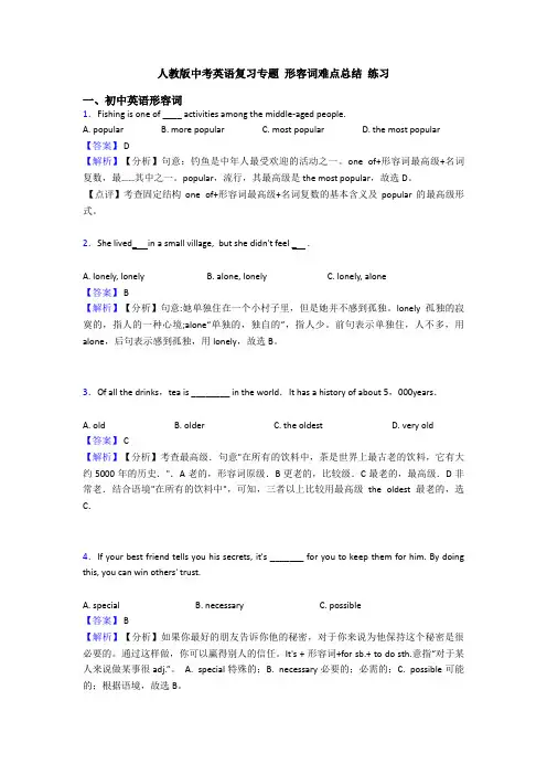 人教版中考英语复习专题 形容词难点总结 练习