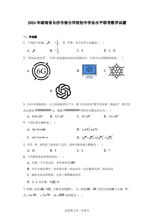 2024年湖南省长沙市部分学校初中学业水平联考数学试题