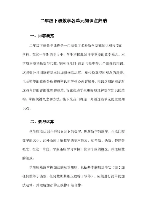 二年级下册数学各单元知识点归纳
