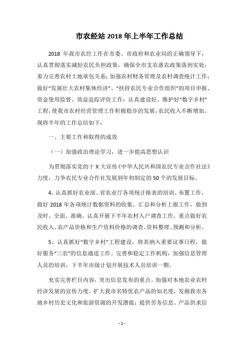 市农经站2018年上半年工作总结