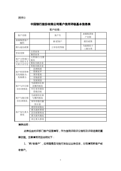 中国银行股份有限公司客户信用评级基本信息表