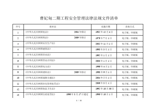 电力建设安全管理相关法规及标准清单