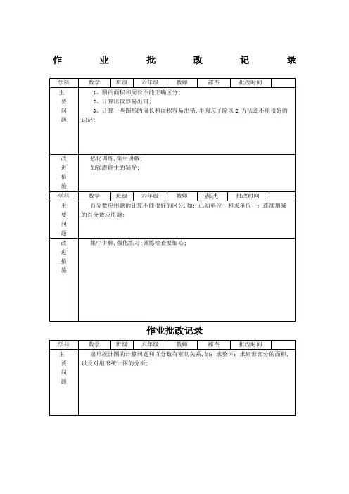 六年级数学作业批改记录