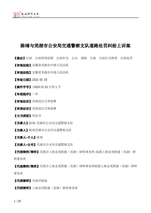 陈靖与芜湖市公安局交通警察支队道路处罚纠纷上诉案