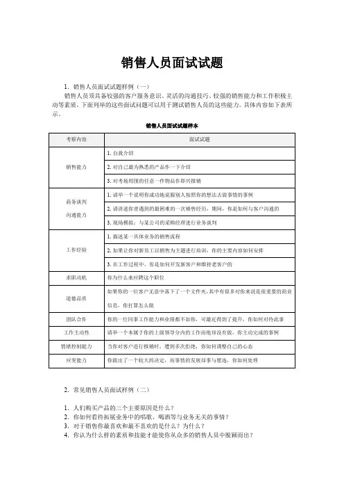 销售人员面试试题