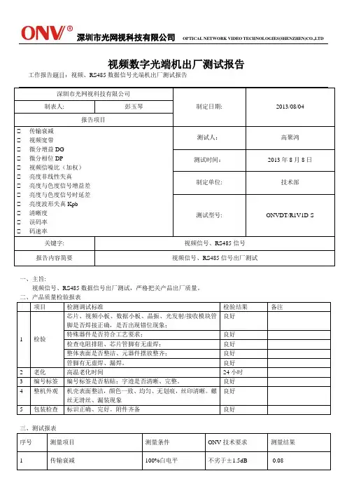视频光端机出厂检验报告