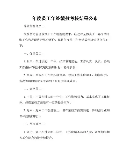 年度员工年终绩效考核结果公布