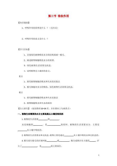七年级生物上册  绿色开花植物的生活方式 吸收作用导学案 新版北师大版