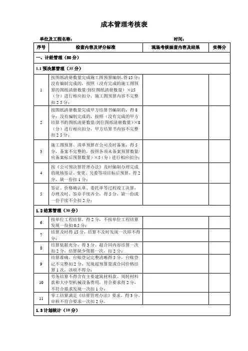 成本管理考核表
