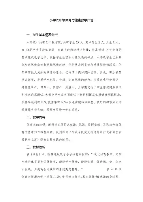 小学六年级下册体育与健康教学计划