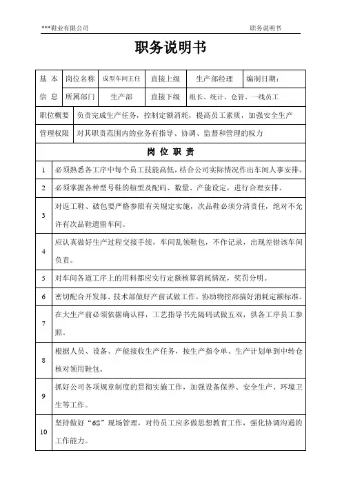 成型车间主任职务说明书