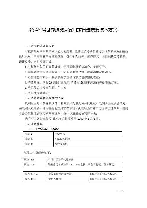 第45届世界技能大赛汽车喷漆项目山东省选拔赛技术方案