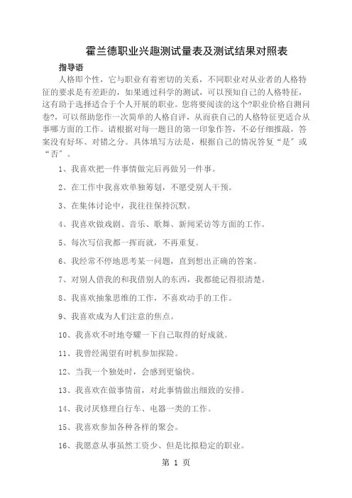霍兰德职业兴趣测试量表及测试结果对照表
