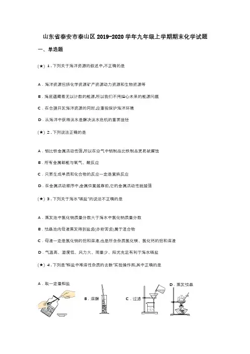 山东省泰安市泰山区2019-2020学年九年级上学期期末化学试题(word无答案)