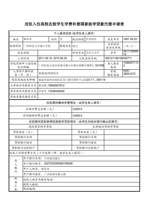 应征入伍高校毕业生、在校生补偿学费代偿国家助学贷款申请表A4