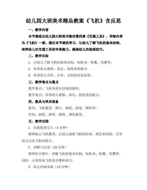 幼儿园大班美术精品教案《飞机》含反思