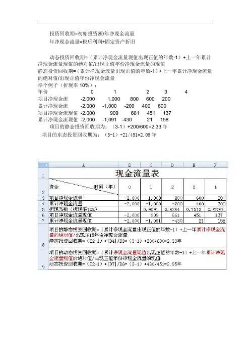 投资回收期(根据现金流量表计算)