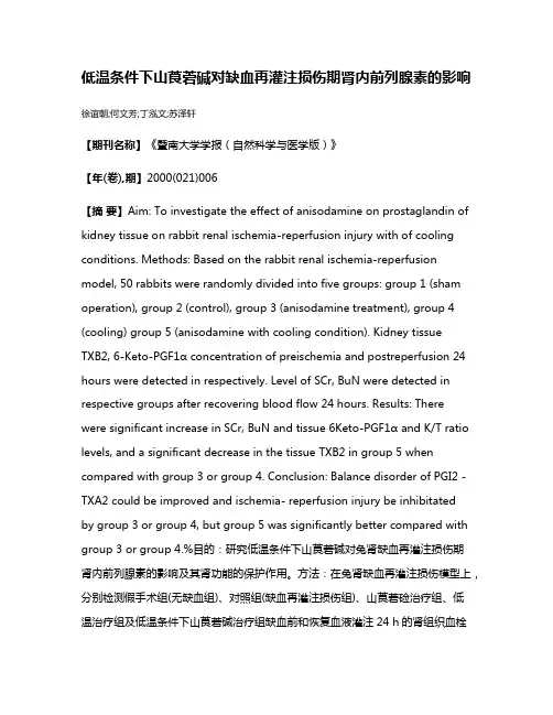 低温条件下山莨菪碱对缺血再灌注损伤期肾内前列腺素的影响