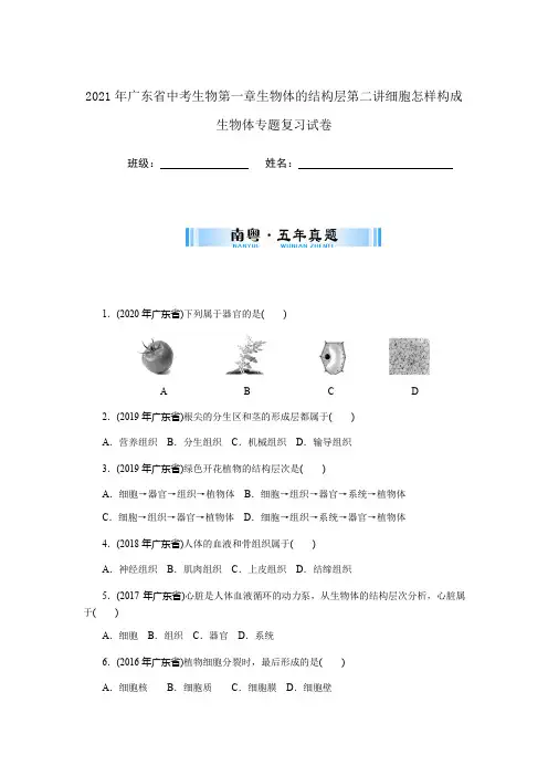 2021年广东省中考生物第一章生物体的结构层第二讲细胞怎样构成生物体专题复习试卷