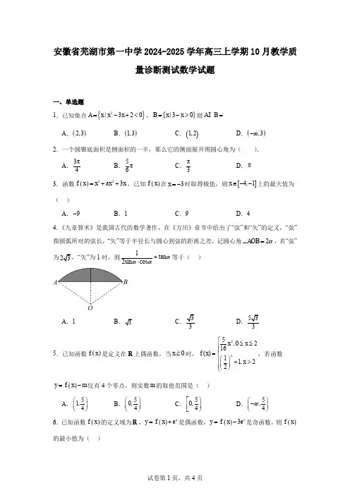 安徽省芜湖市第一中学2024-2025学年高三上学期10月教学质量诊断测试数学试题