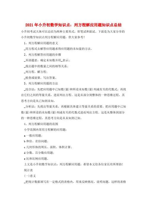 2021年小升初数学知识点：列方程解应用题知识点总结  