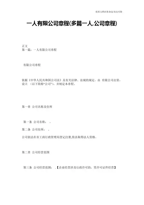 一人有限公司章程(多篇一人,公司章程)