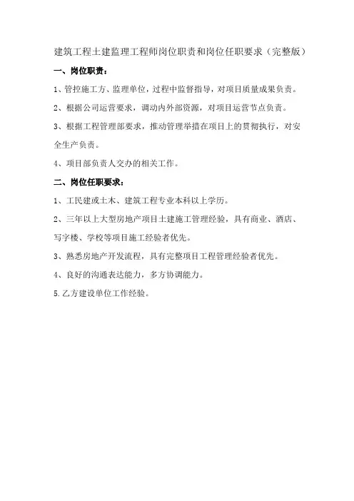 建筑工程土建监理工程师岗位职责和岗位任职要求(完整版)