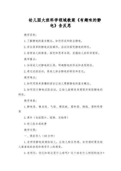 幼儿园大班科学领域教案《有趣味的静电》含反思