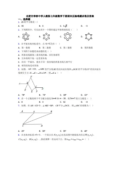 合肥市寿春中学人教版七年级数学下册期末压轴难题试卷及答案