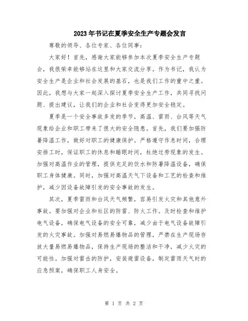 2023年书记在夏季安全生产专题会发言