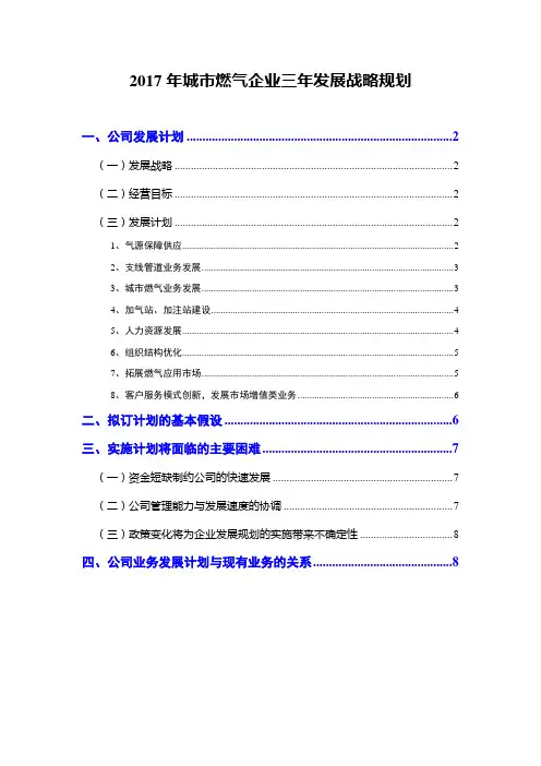 2017年城市燃气企业三年发展战略规划