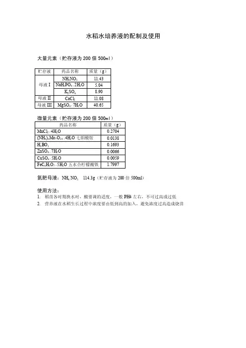 水稻培养液的配制及使用