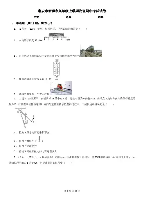 泰安市新泰市九年级上学期物理期中考试试卷