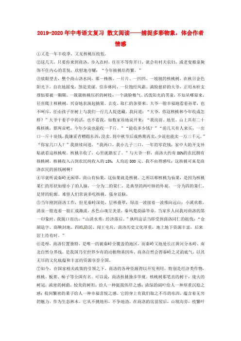 2019-2020年中考语文复习 散文阅读——捕捉多彩物象,体会作者情感