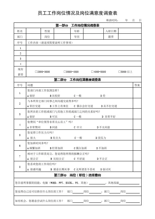 职工工作岗位情况与岗位满意度调查表