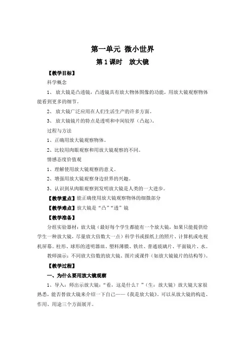 最新教科版六年级科学下册第一单元第1课时  放大镜(优质教学设计)