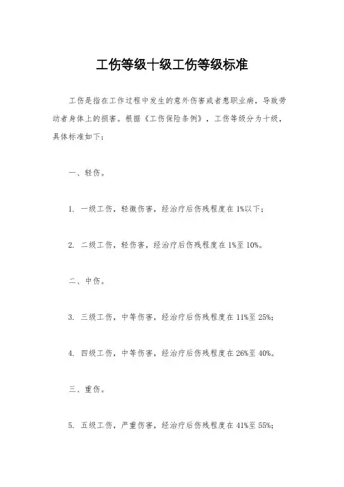 工伤等级十级工伤等级标准
