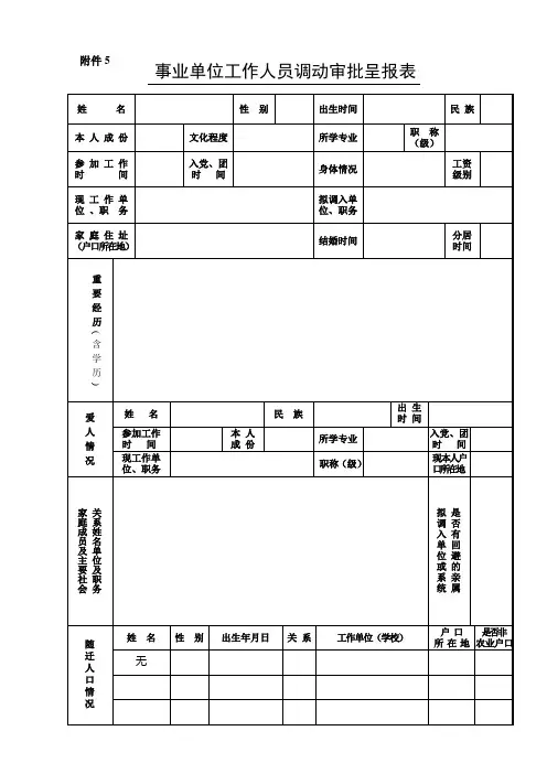 事业单位工作人员调动审批呈报表