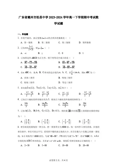 广东省潮州市松昌中学2023-2024学年高一下学期期中考试数学试题