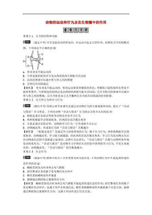 2020年中考生物总复习：动物的运动和行为 考点及试题解析