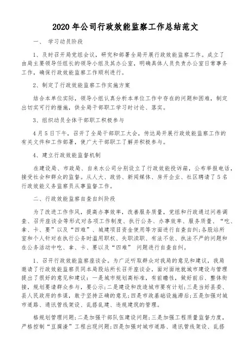 2020年公司行政效能监察工作总结范文