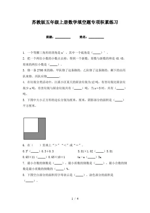 苏教版五年级上册数学填空题专项积累练习