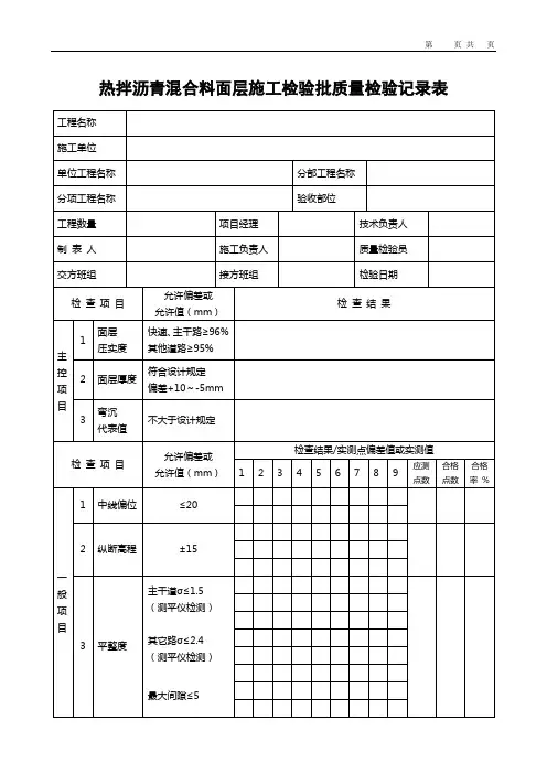 热拌沥青混合料面层施工检验批质量检验记录