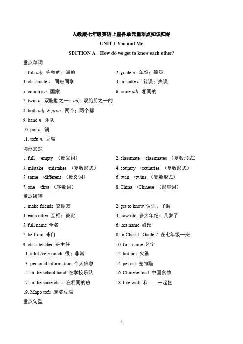 人教版七年级英语上册各单元重难点知识归纳